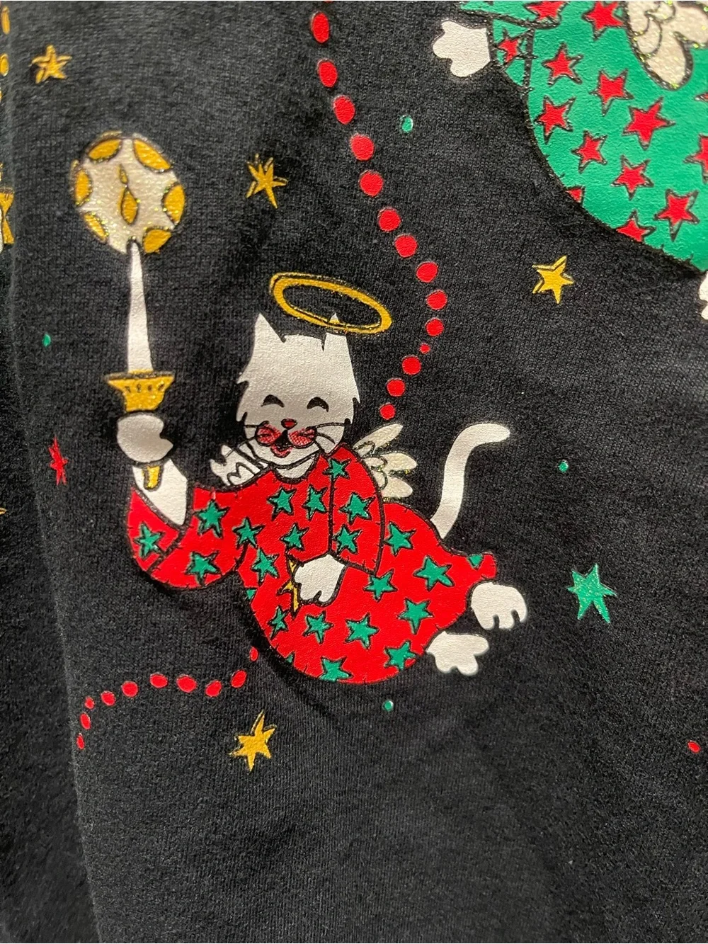 Vintage 90s Jerzees Cat Angel Christmas T Shirt L Black Holiday Graphic USA